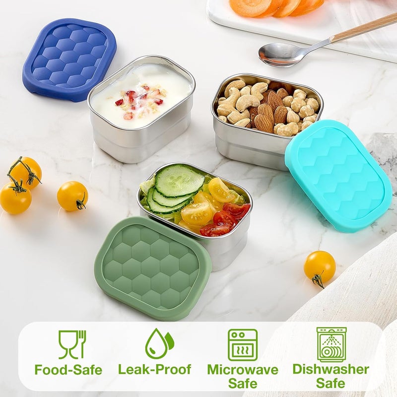 Gencywe 3 Pack Stainless Steel Snack Containers for Kids, 8 oz Easy Open Leak Proof Small Toddler Snack Containers with Silicone Lids, Stackable Metal Lunch Box for Daycare and School (Blue) - Image 3
